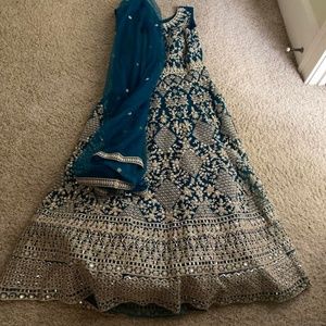 Long beautiful teal maxi dress/ Indian designer gown/ anarkali US large